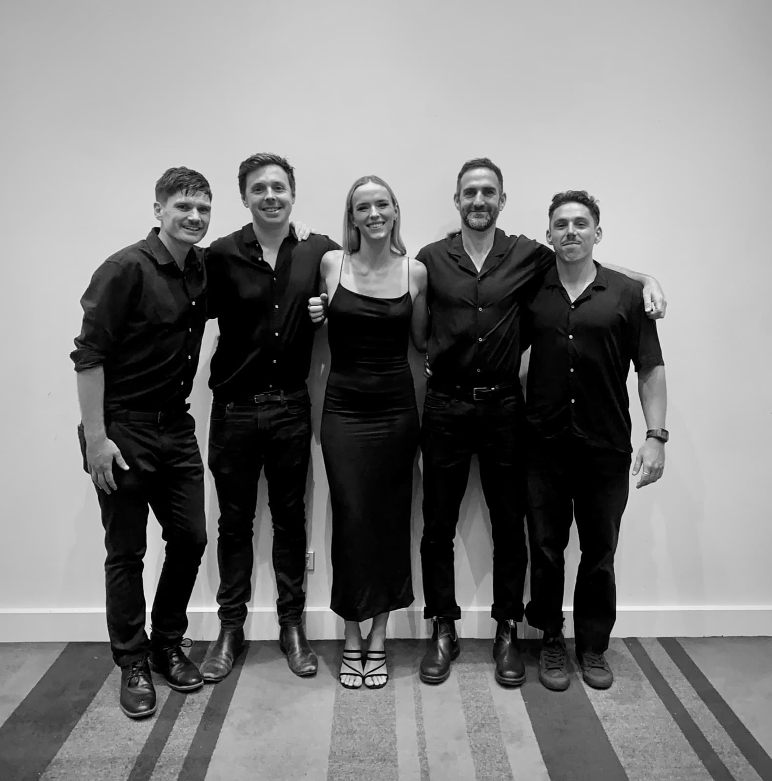 Blue Vinyl band — five members posed together, Central Coast NSW
